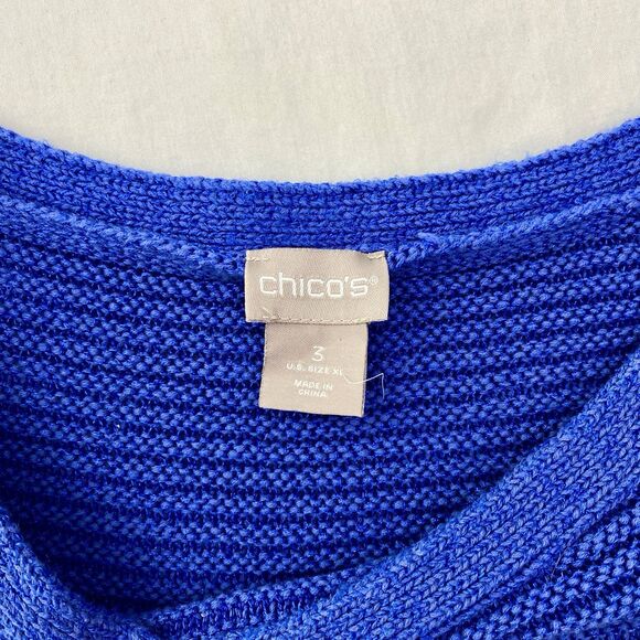 Chicos Striped Sweater 3/4 Sleeve Pullover Knit Blue White Tan Size XL 3 - Picture 4 of 8